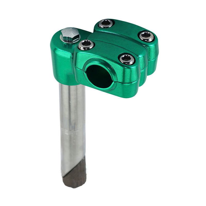 Green metal motorcycle handlebar riser on a white background