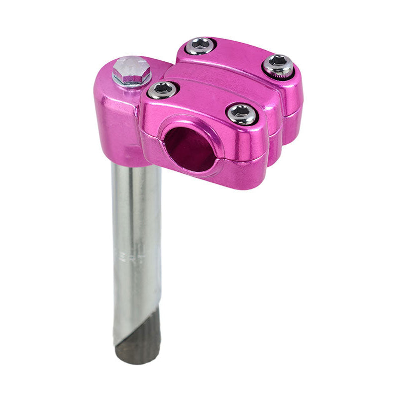 Pink motorcycle handlebar riser with silver mounting hardware on a white background