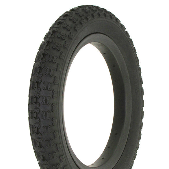 Black tire with tread pattern on a white background