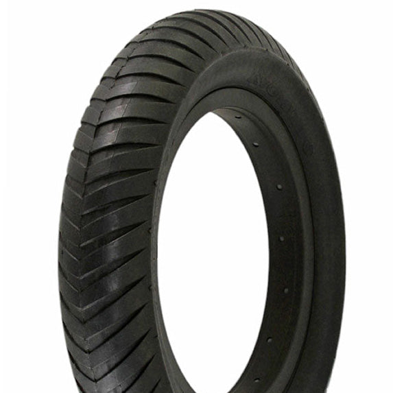 Black tire with tread pattern on a white background