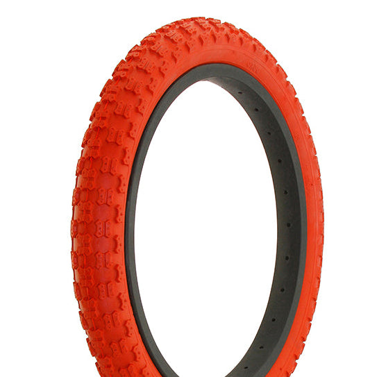 A red BMX tire with a black tread pattern, visibly designed for mounting on a BMX wheel.