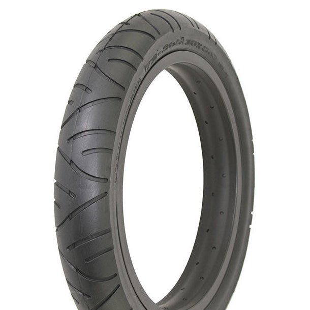 Black tire with tread pattern on a white background
