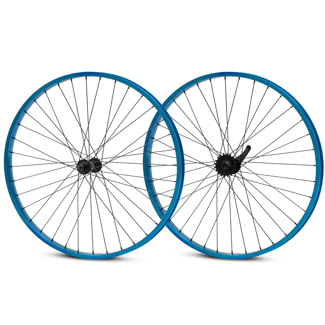 Two bicycle wheels with blue rims on a white background