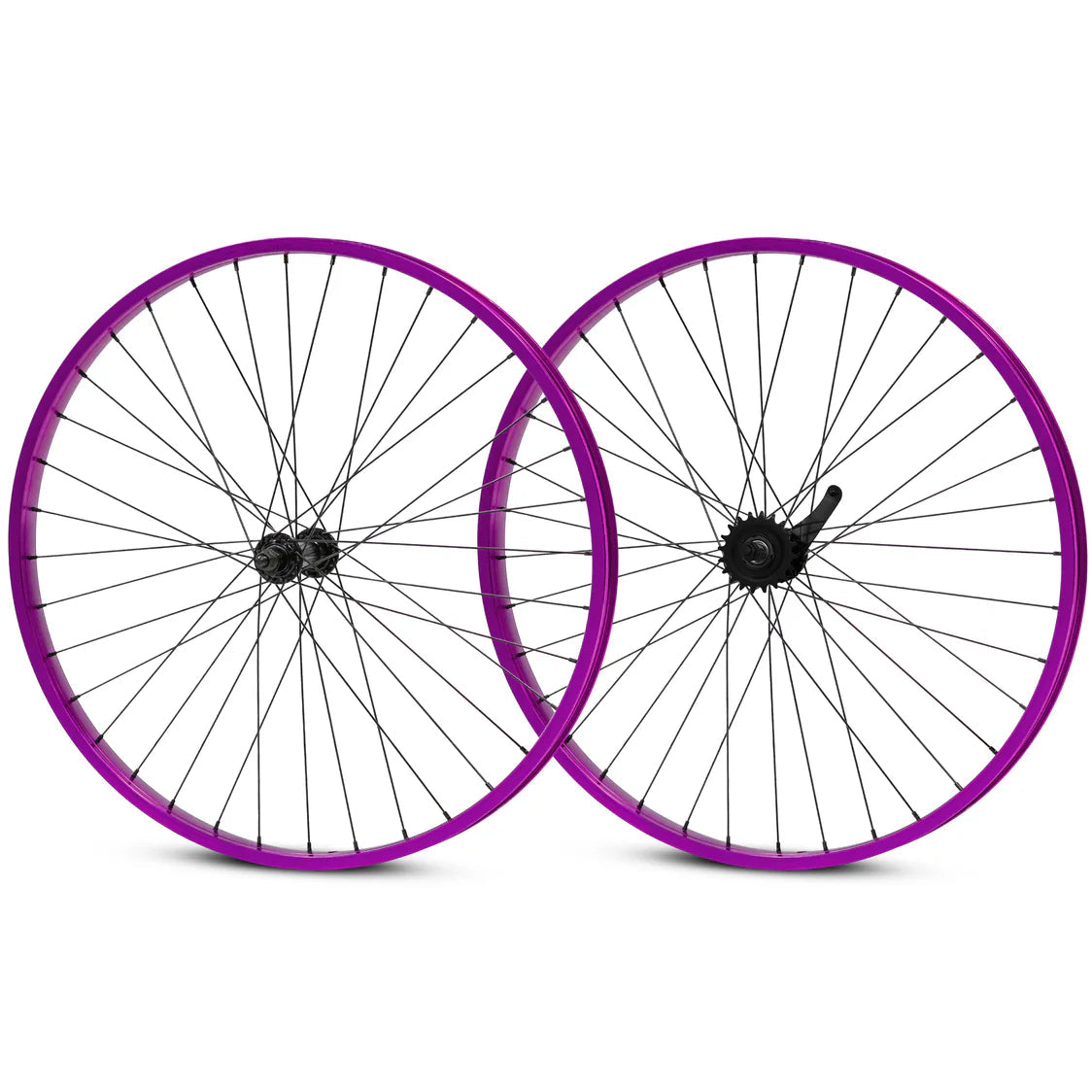 Two bicycle wheels with purple rims on a white background