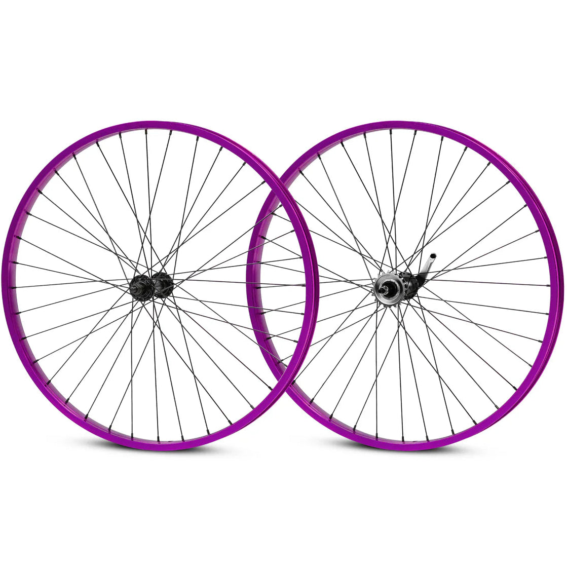 Two bicycle wheels with purple rims on a white background