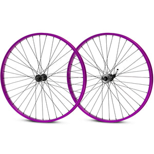 Two bicycle wheels with purple rims on a white background