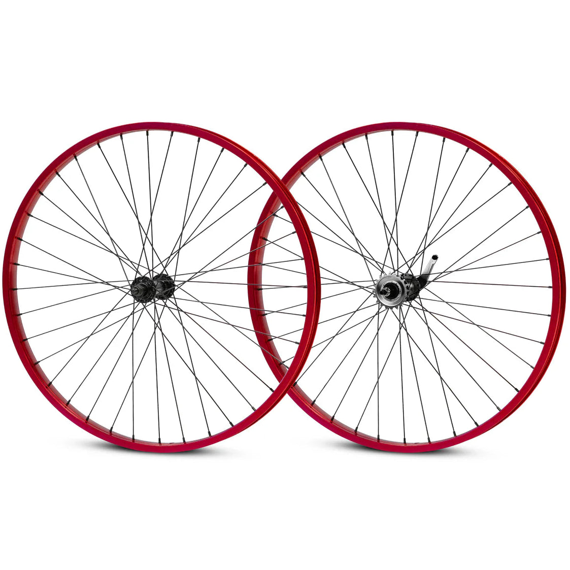 Two bicycle wheels with red rims on a white background