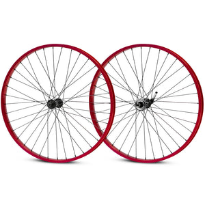 Two bicycle wheels with red rims on a white background