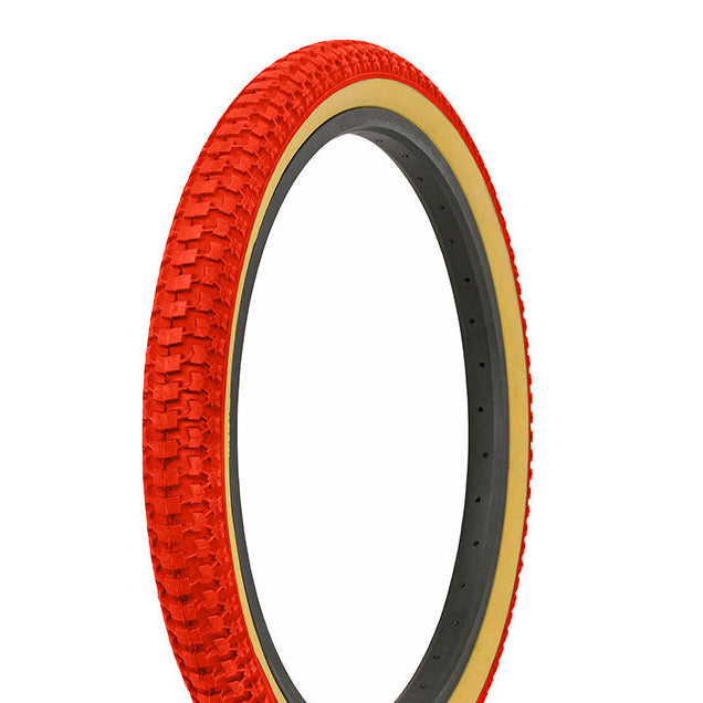 Red bicycle tire with a black and yellow rim on a white background