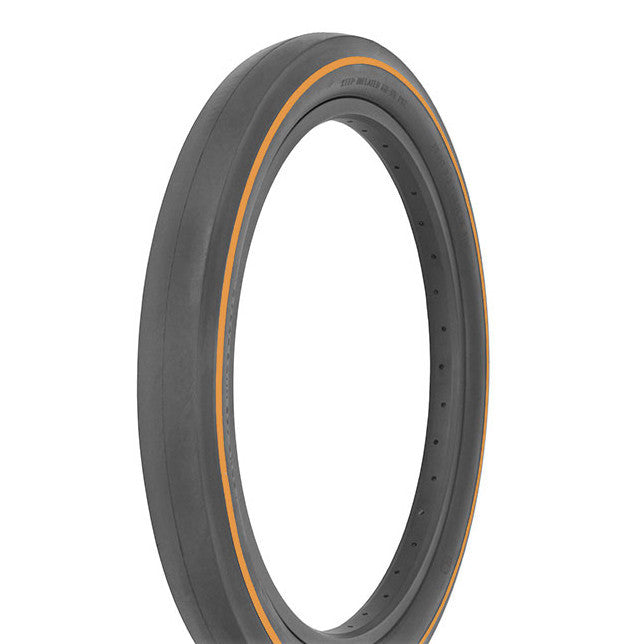 Motorcycle tire with orange rim on a white background