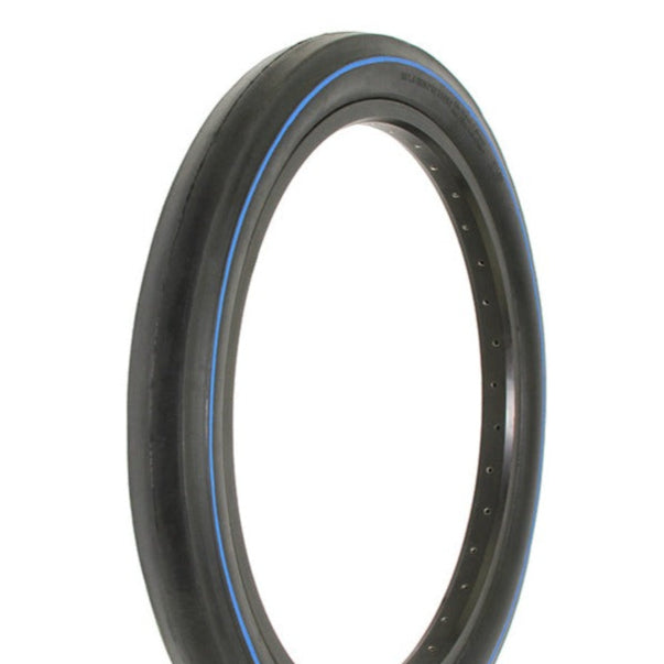 A black bicycle tire with a blue line on the tread, indicating a slick tread pattern.
