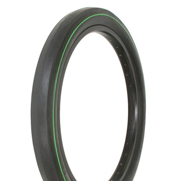 A black bicycle tire with a green stripe, featuring a slick tread pattern.
