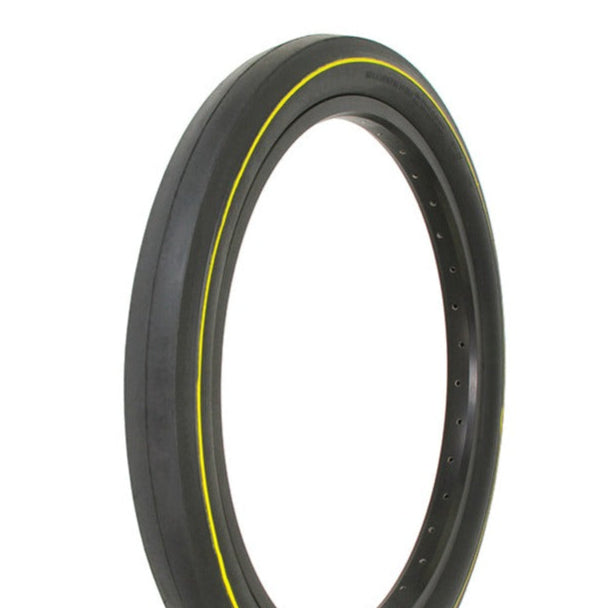 A black bicycle tire with a yellow line, viewed from the side.