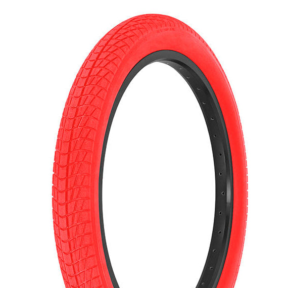 Red tire with black rim on a white background