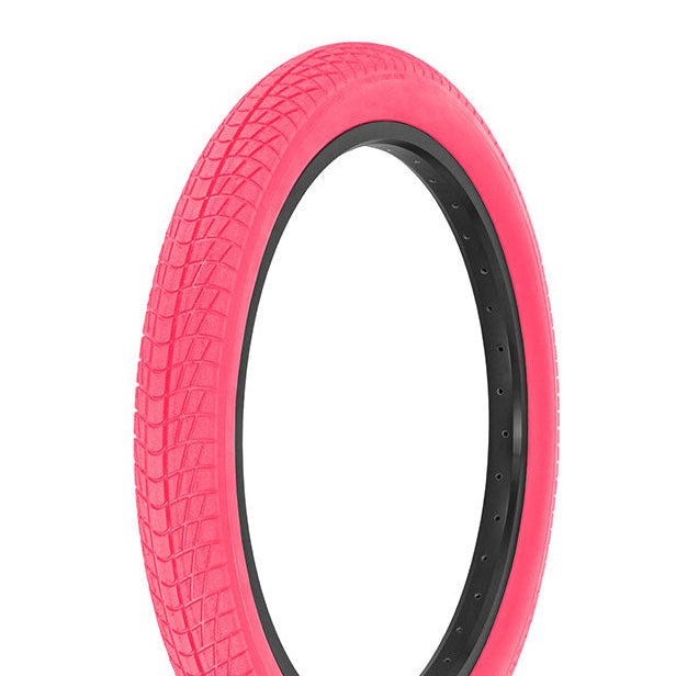 Pink tire with black rim on a white background