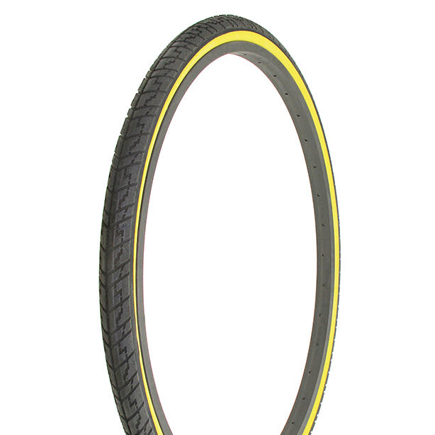 Bicycle tire with yellow sidewall on a white background