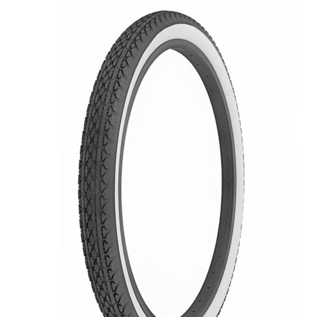 A black bicycle tire with a whitewall and visible tread pattern.