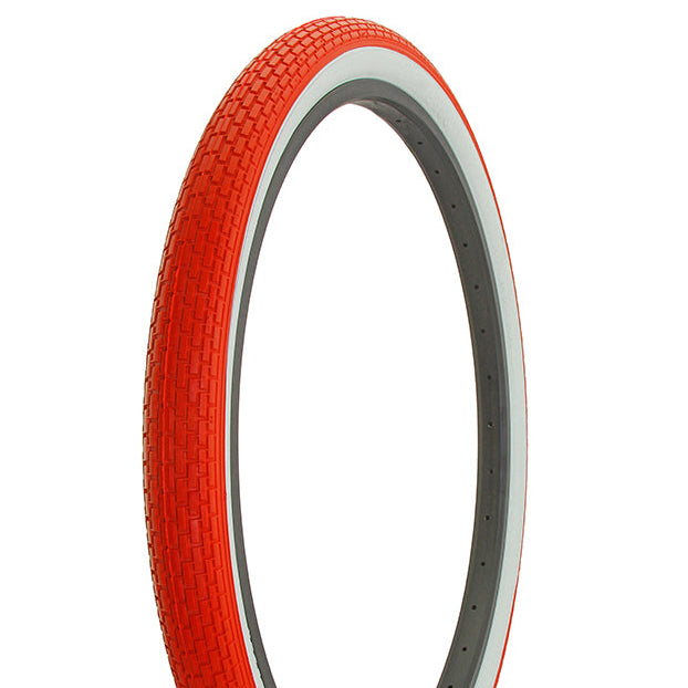 Red bicycle tire with white rim on a white background
