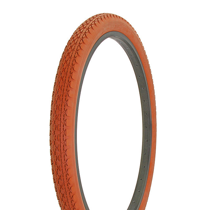 Orange bicycle tire with tread pattern on a white background