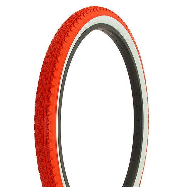 Red bicycle tire with white wall on a white background