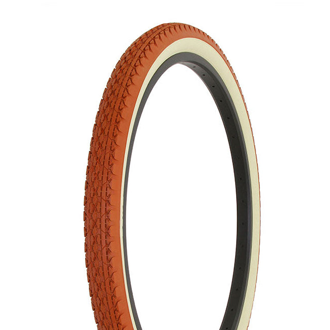 Bicycle tire with brown tread pattern on a white background