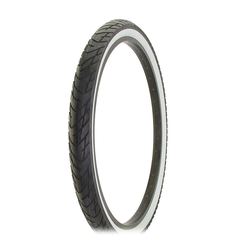 Bicycle tire with tread pattern on a white background