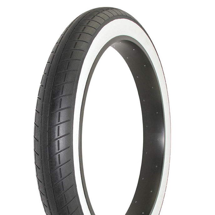 Motorcycle tire with white bead on a white background