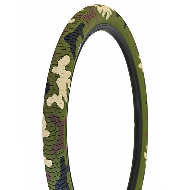Camouflage-patterned bicycle tire on a white background