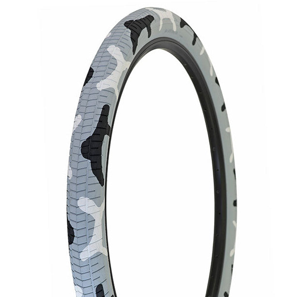 Tire with a camouflage pattern on a white background