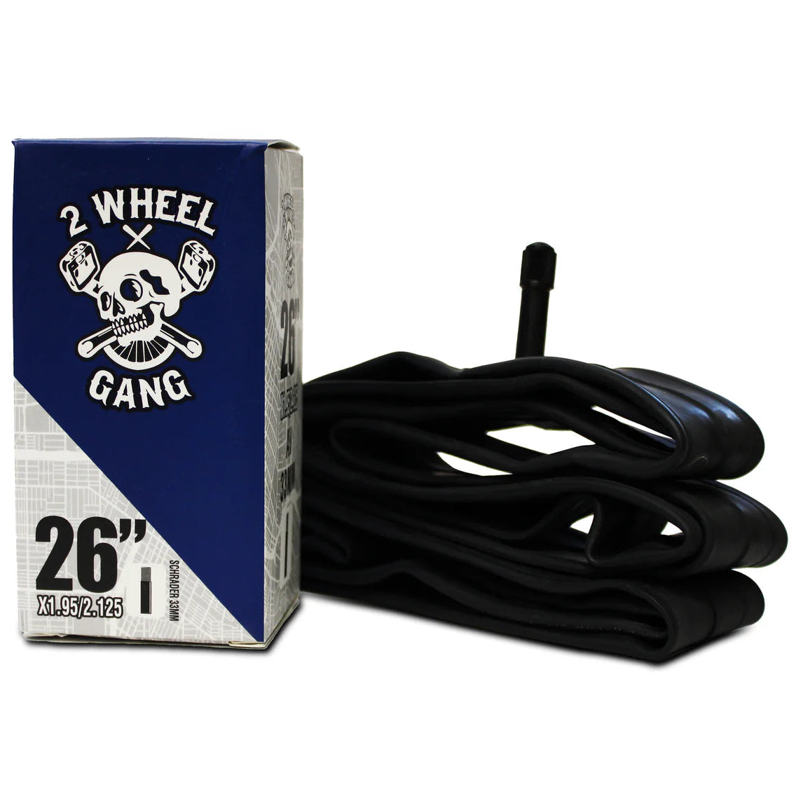 Bicycle inner tube with '2 Wheel Gang' packaging on a white background