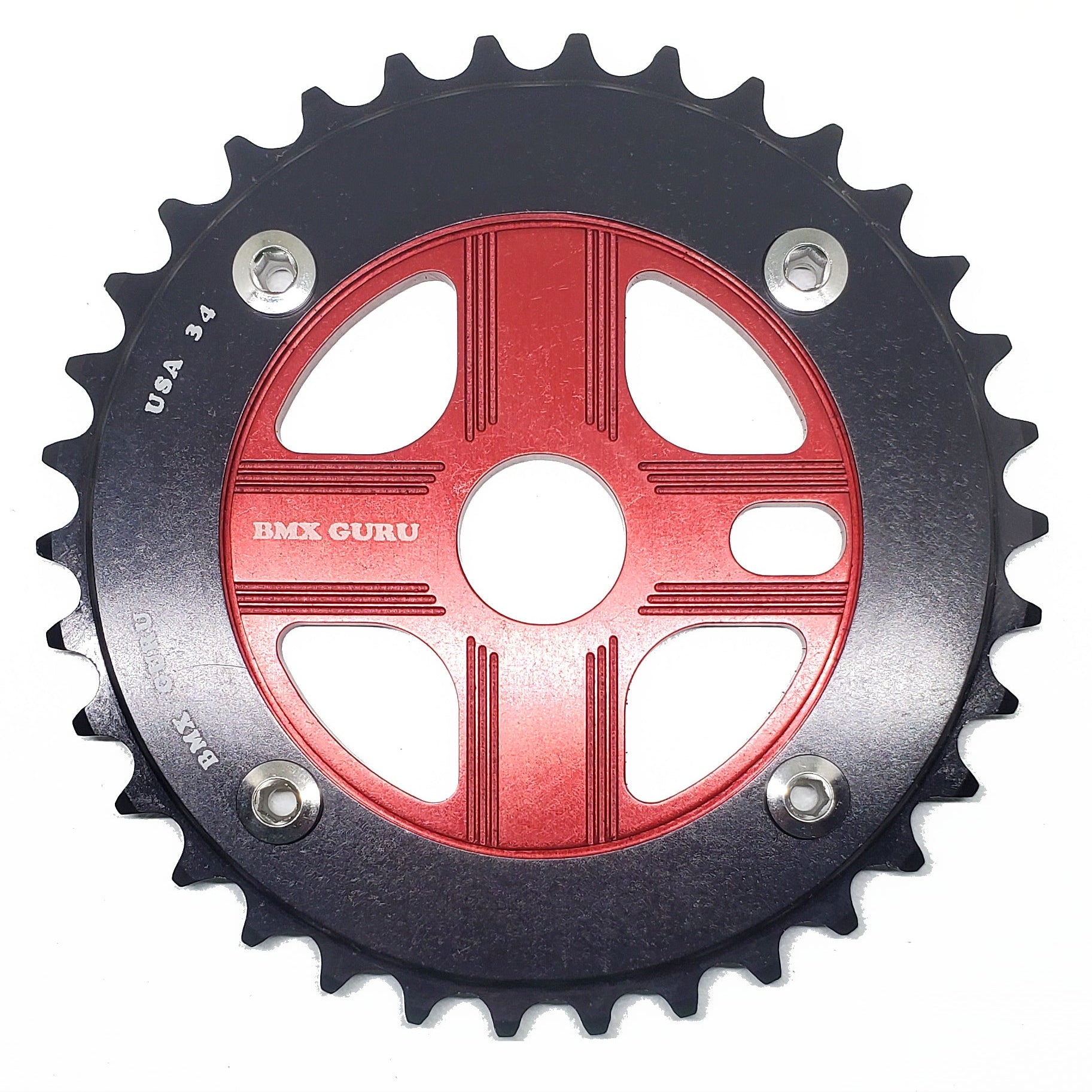BMXGuru 34T Aluminum Spider & 4-bolt Chainring Combo - Black over Red - USA Made