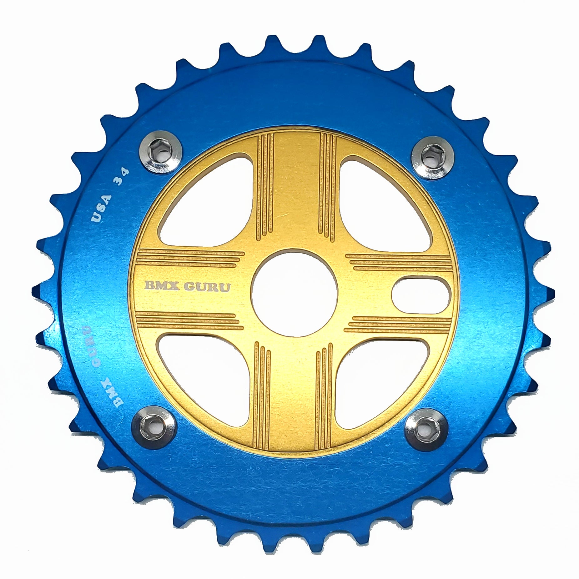 BMXGuru 34T Aluminum Spider & 4-bolt Chainring Combo - Blue over Gold - USA Made