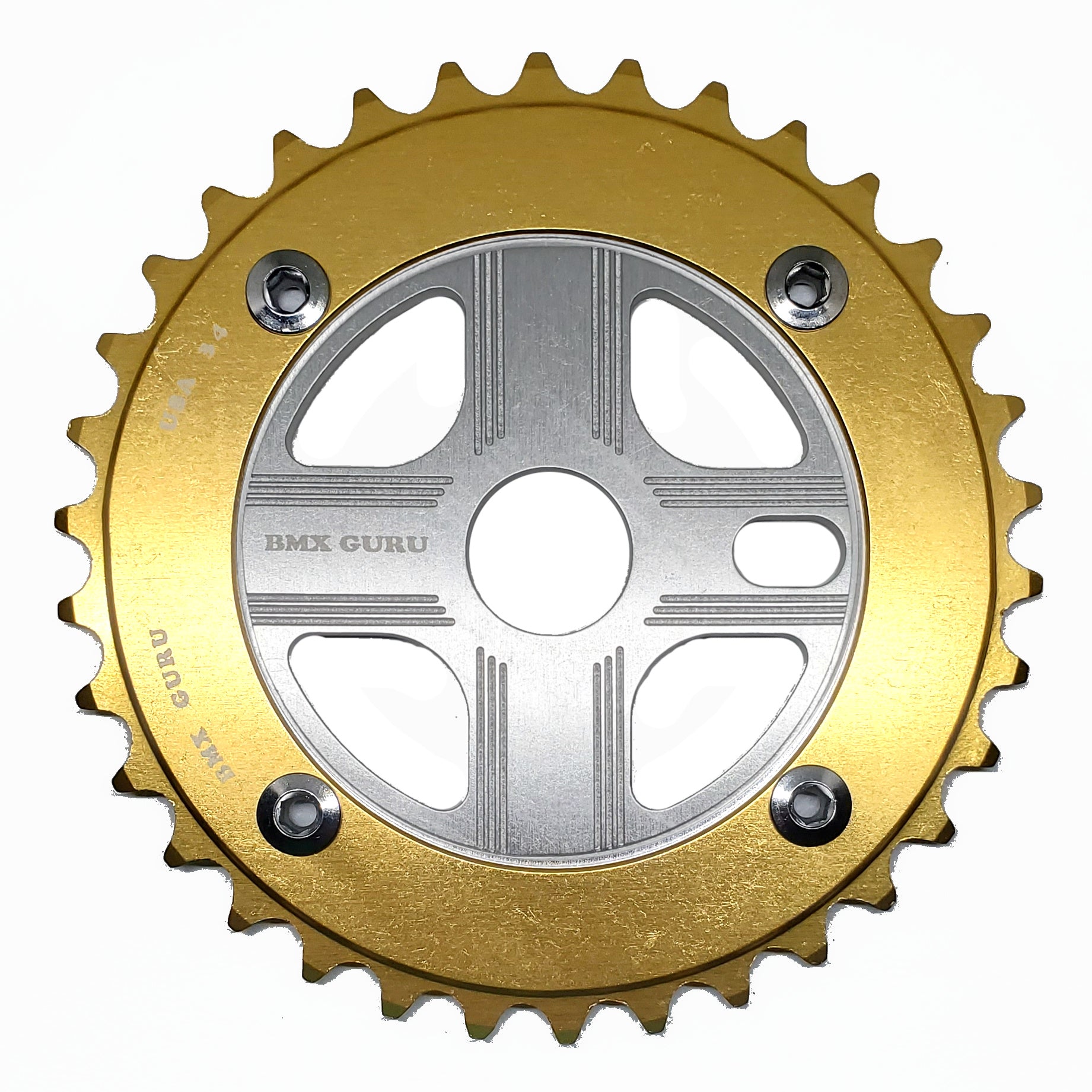 gear gurus BMXGuru 34T Aluminum Spider & 4-bolt Chainring Combo - Gold over Silve