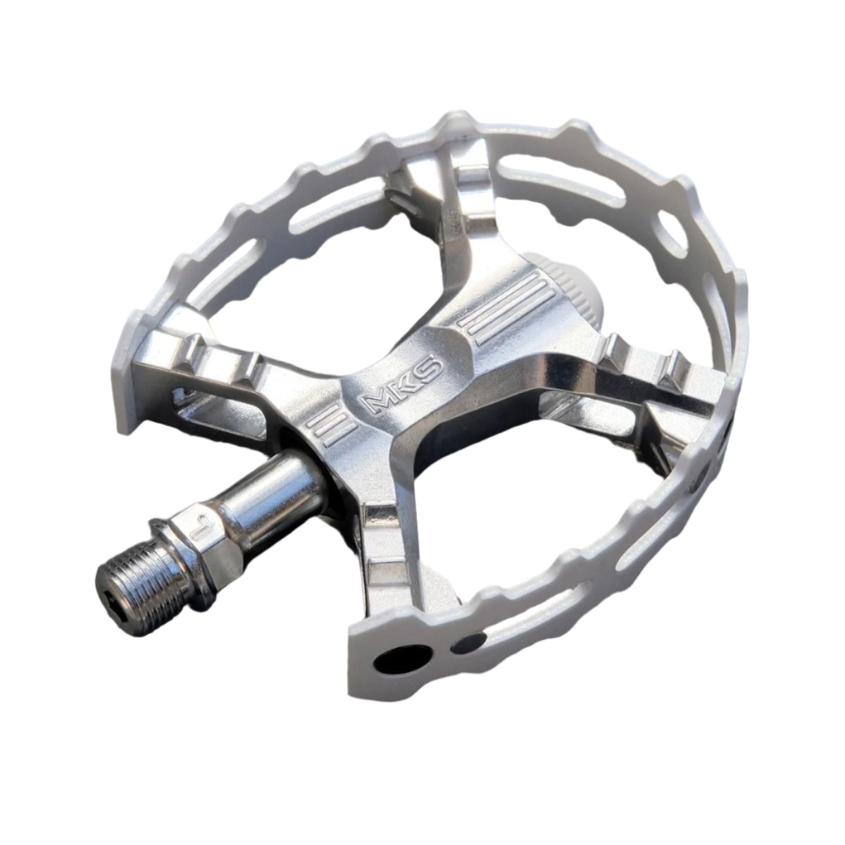 White and Silver MKS Pedal on White background