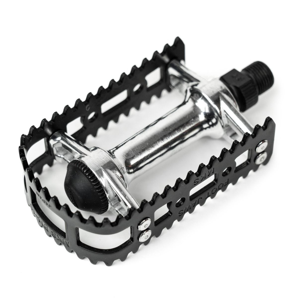 Metallic bicycle pedal with black textured sides on a white background