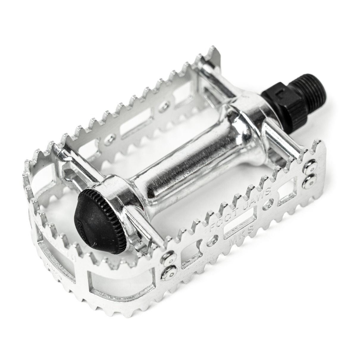 Metallic bicycle pedal with a white background