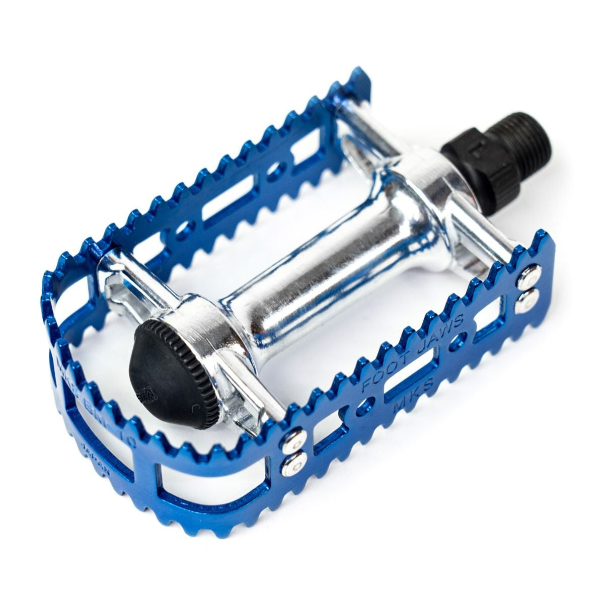 Blue and silver bicycle pedal on a white background