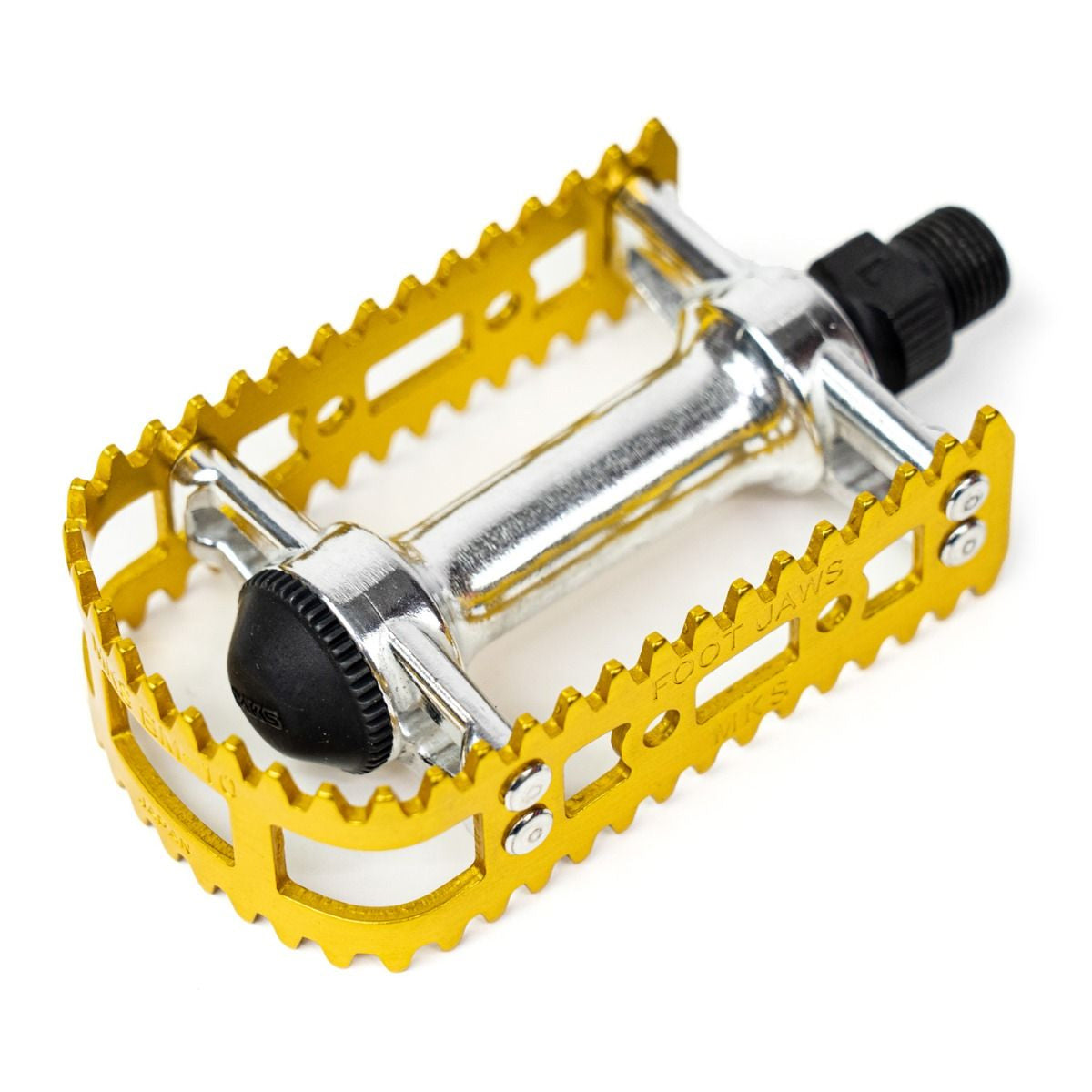 Yellow bicycle pedal with metallic axle on a white background