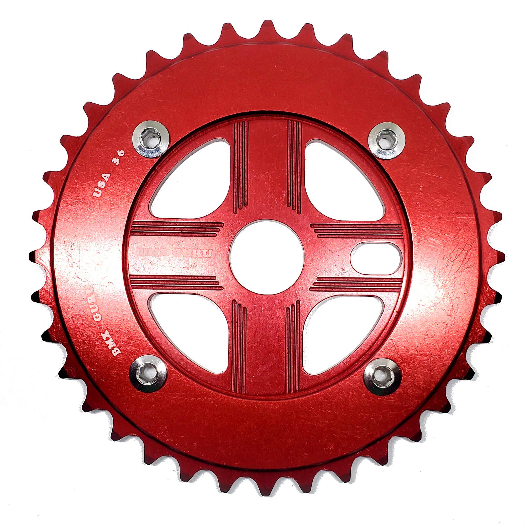 BMXGuru 36T Aluminum Spider & 4-bolt Chainring Combo - Red over Red - USA Made