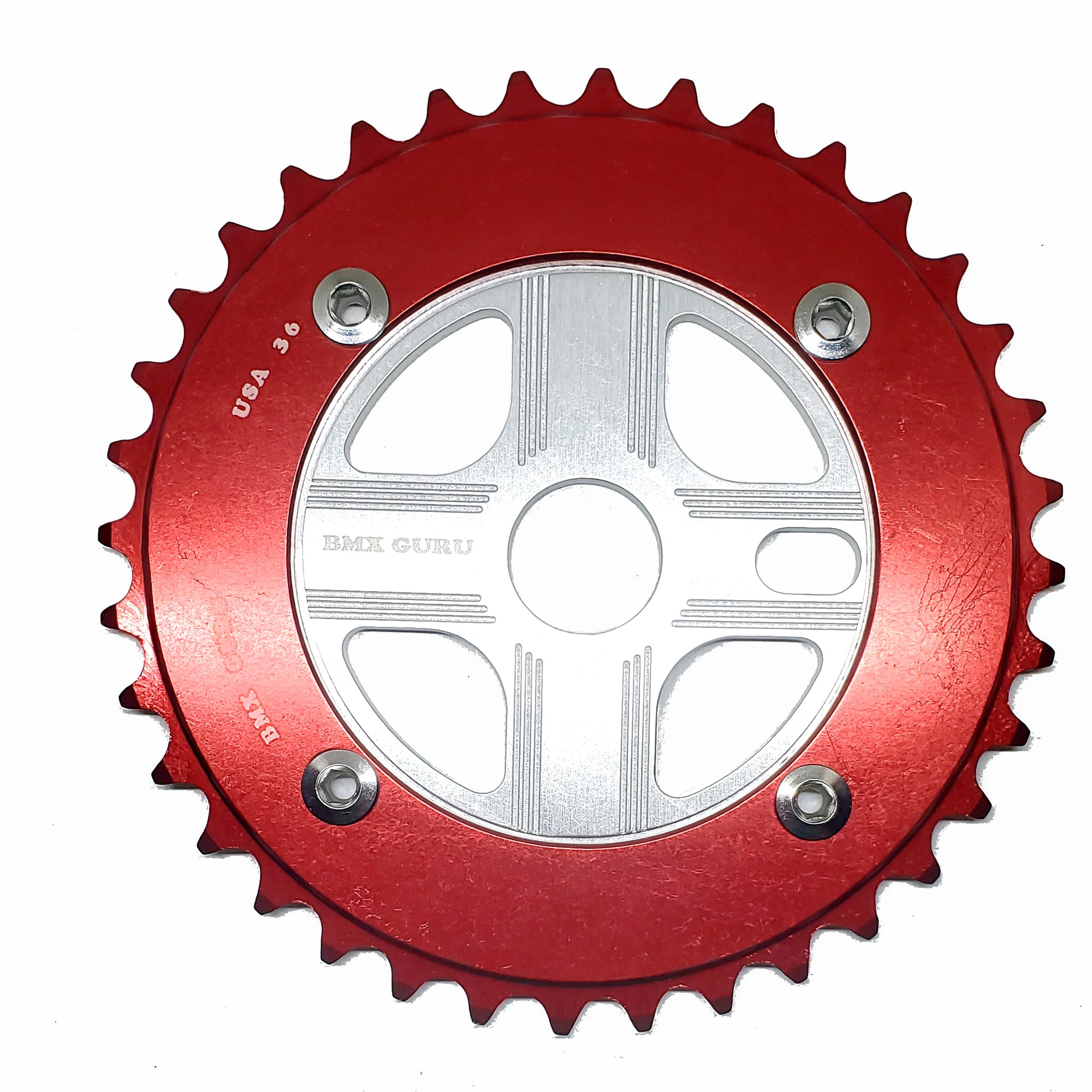 BMXGuru 36T Aluminum Spider & 4-bolt Chainring Combo - Red over Silver - USA Made