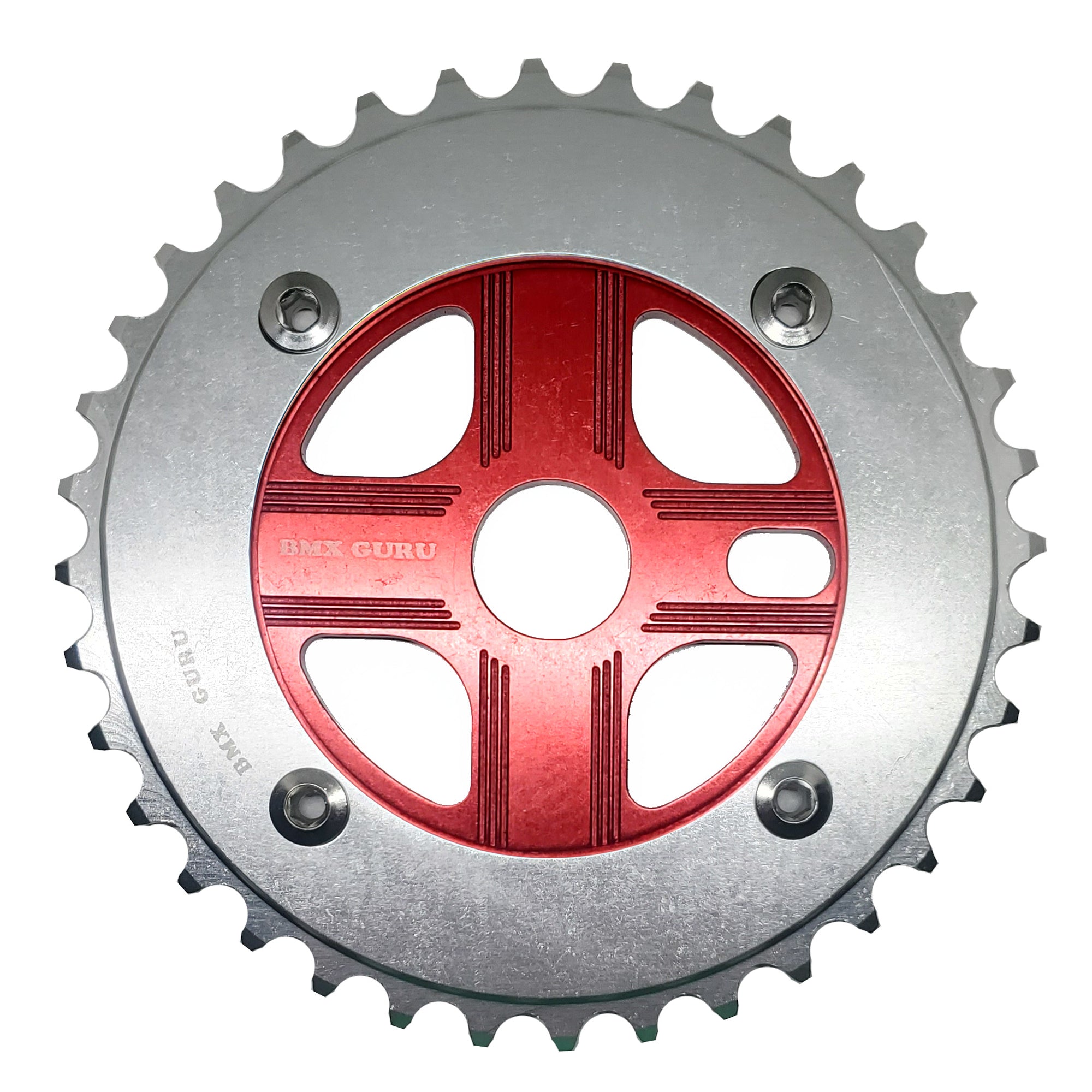 BMXGuru 36T Aluminum Spider & 4-bolt Chainring Combo - Silver over Red - USA Made