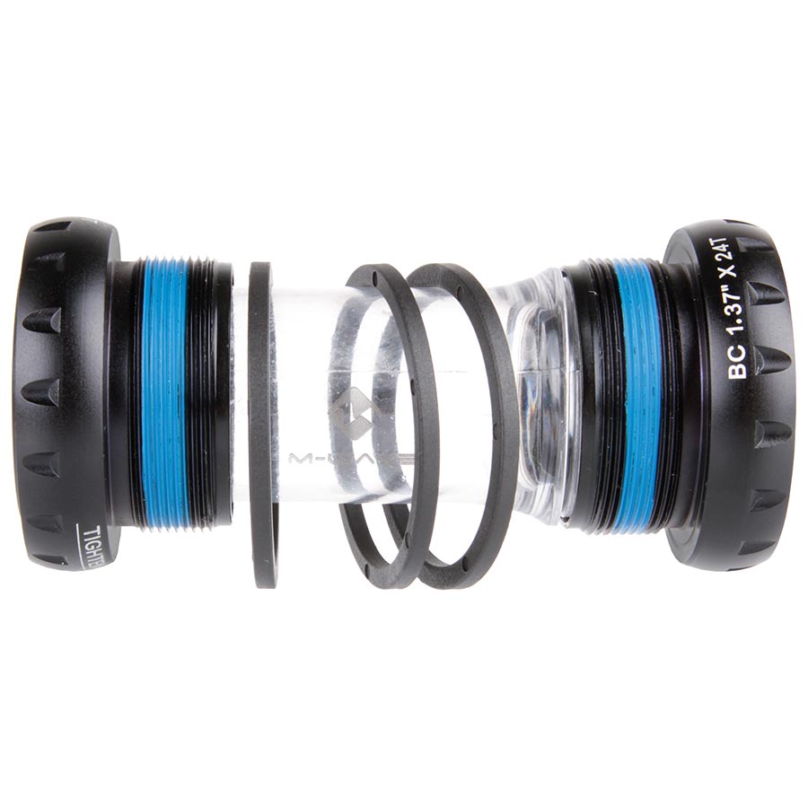 Bicycle bottom bracket with blue bearings on a white background