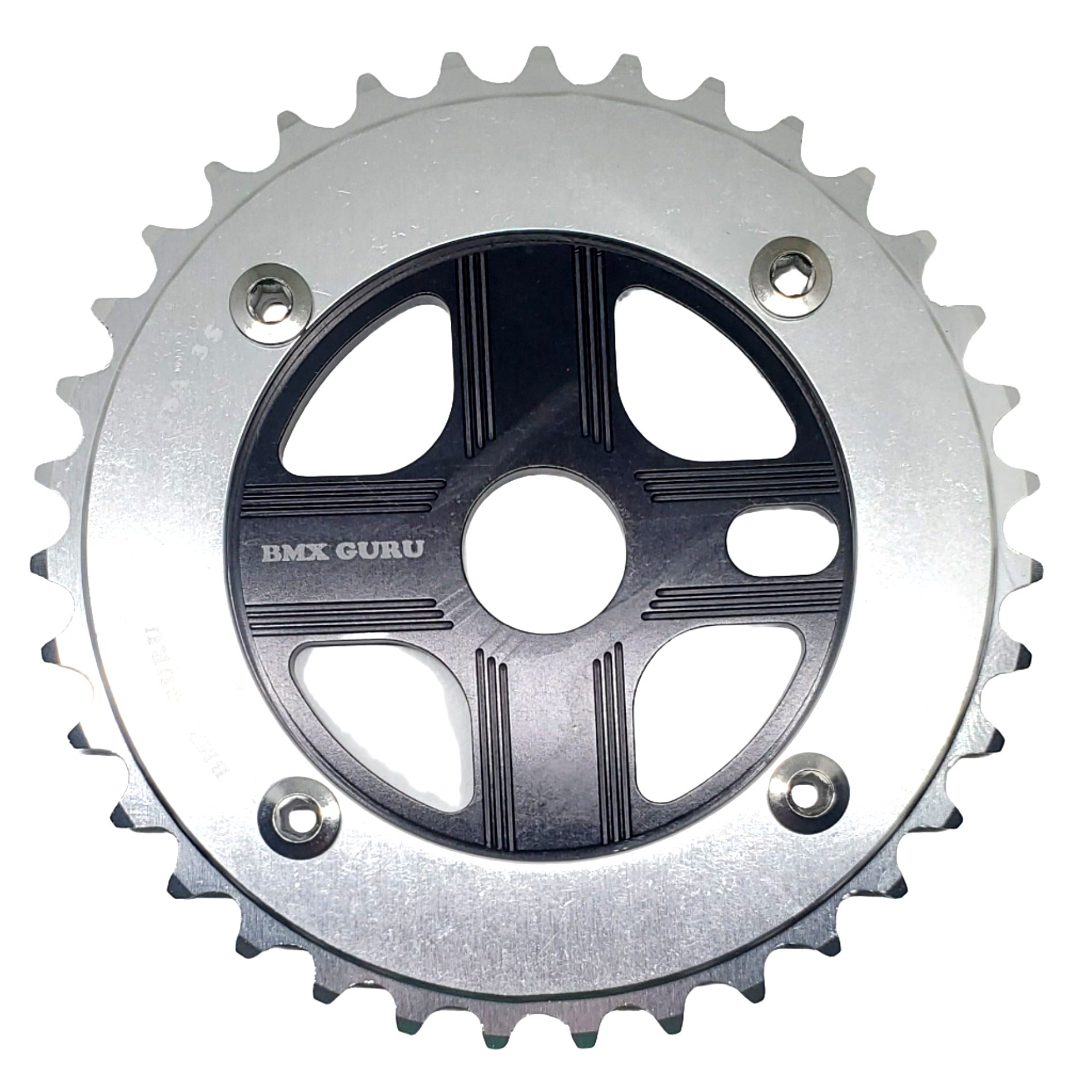 BMXGuru 35T Aluminum Spider & 4-bolt Chainring Combo - Silver over Black - USA Made