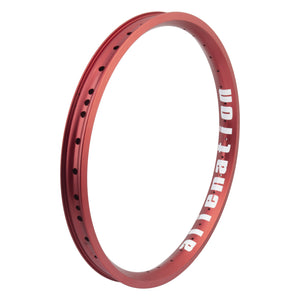 Red bicycle rim with white branding on a white background