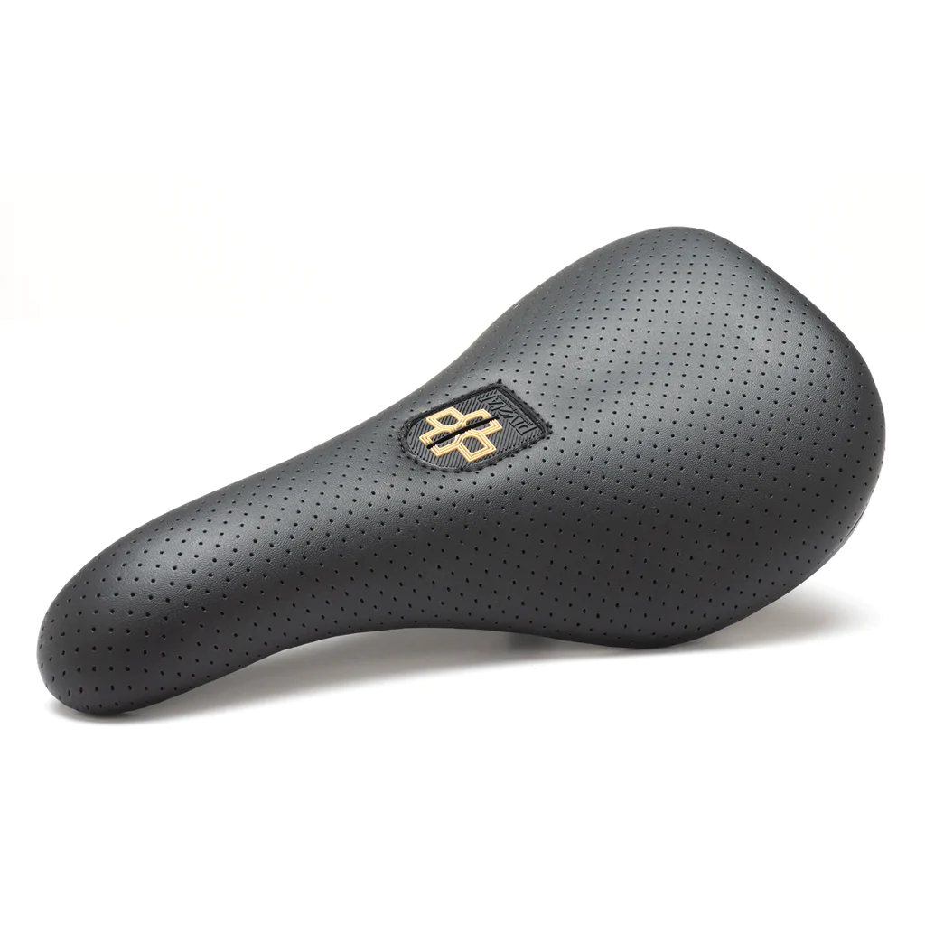 Black bicycle seat with a brand logo on a white background