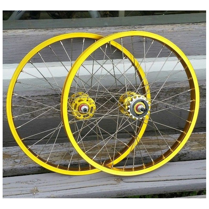 20" 7X style Sealed Road Flange BMX Wheels w/ 16t - Freewheel - Pair - Gold Anodized
