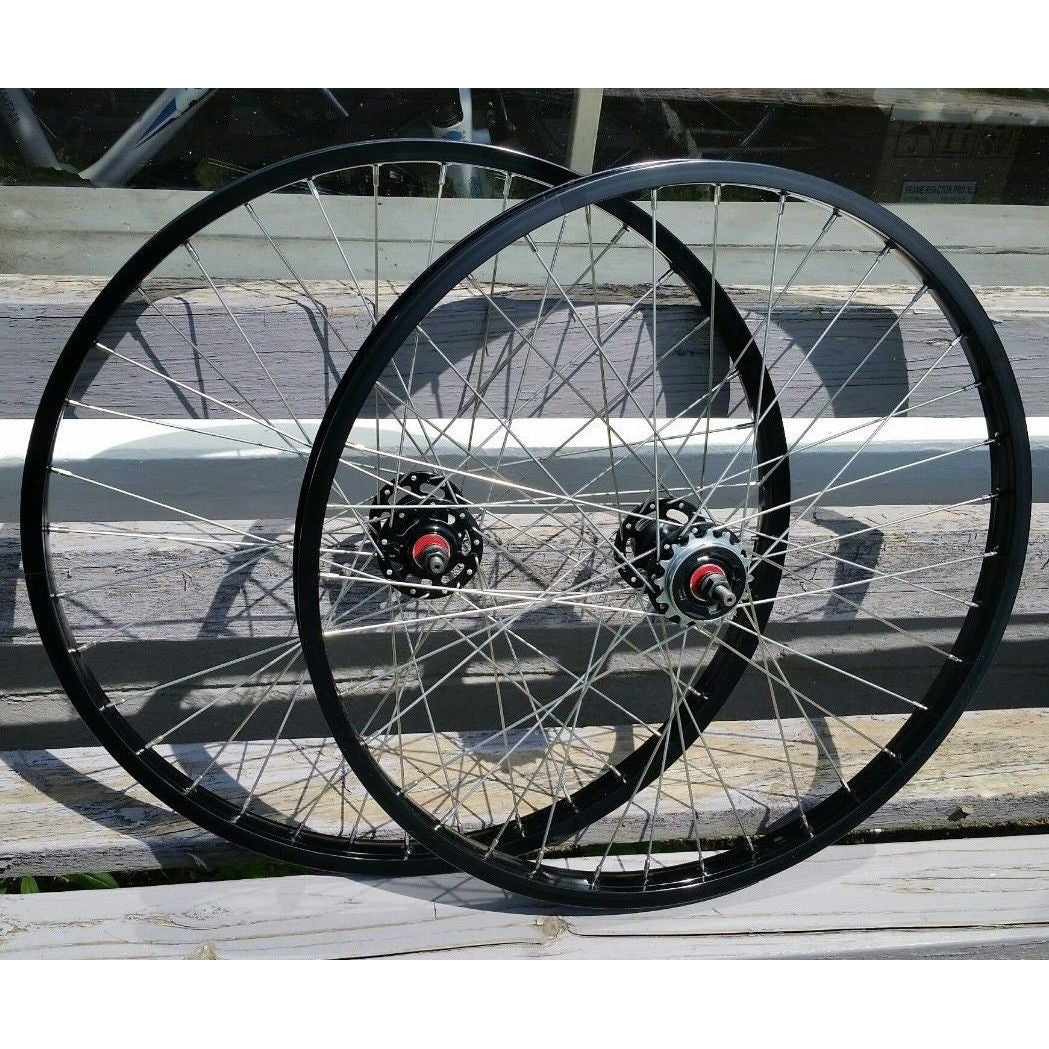 24" 7X style Sealed Road Flange BMX Wheels - Pair - w/ 16t Freewheel - Black