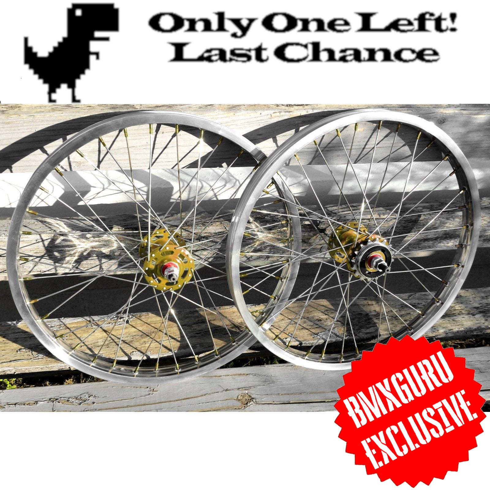20" 7X style Sealed Road Flange BMX Wheelset w/ 16t Freewheel - Pair - Polished / Gold