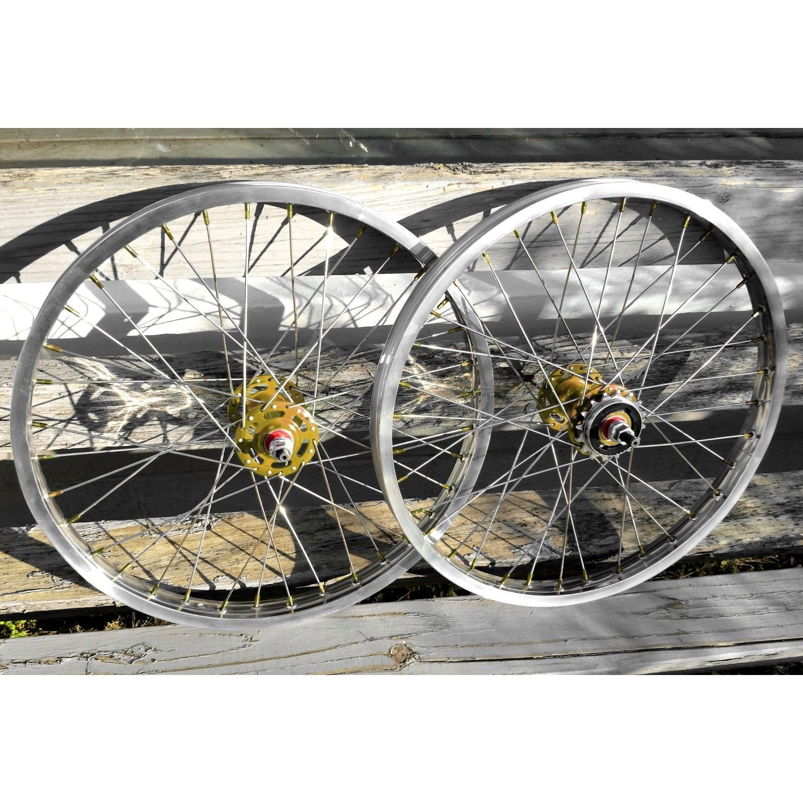 20" 7X style Sealed Road Flange BMX Wheelset w/ 16t Freewheel - Pair - Polished / Gold