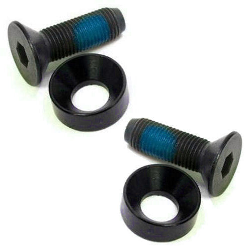 Two black spindle bolts with blue thread locker on the threads, accompanied by two washers, against a white background.
